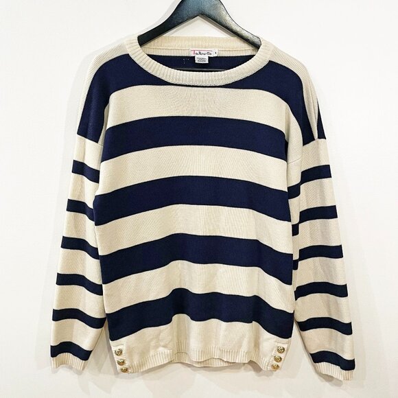 EUC Vintage 100% Wool Breton Striped Button Detail Sweater Ecru Navy Medium - Picture 1 of 5